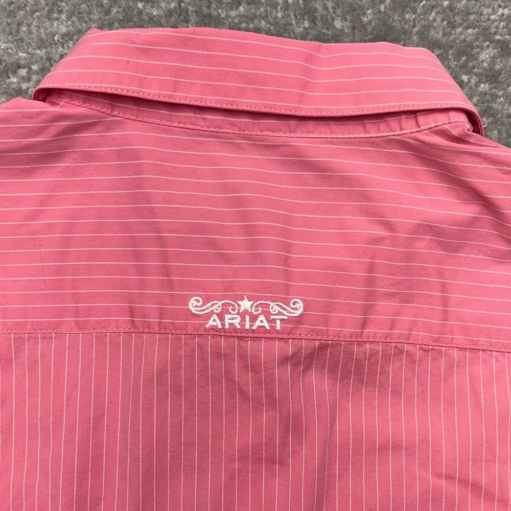 Ariat Long Sleeve Button Up Shirt Womens Large Flip Cuffs Fitted Pink Pinstriped - Picture 12 of 14